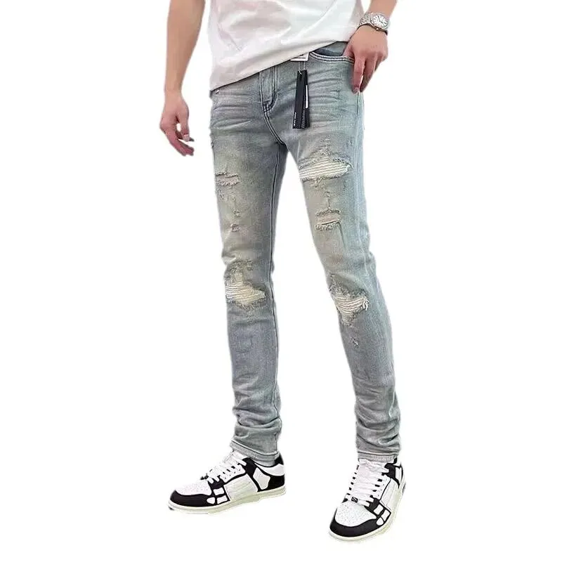 Fashionable Luxury Clothing Ripped Distressed Retro Spring and Autumn Denim Jeans for Men Slim Fit Casual Pants Cotton Trousers — image 5