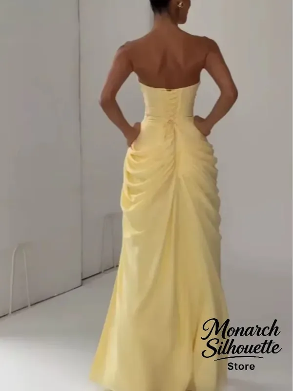Gaun Panjang Berlipat Tanpa Tali Kuning Elegan Gaun Split Cinching Pinggang Tanpa Lengan Solid Chic Wanita 2026 Jubah Pesta Malam Wanita