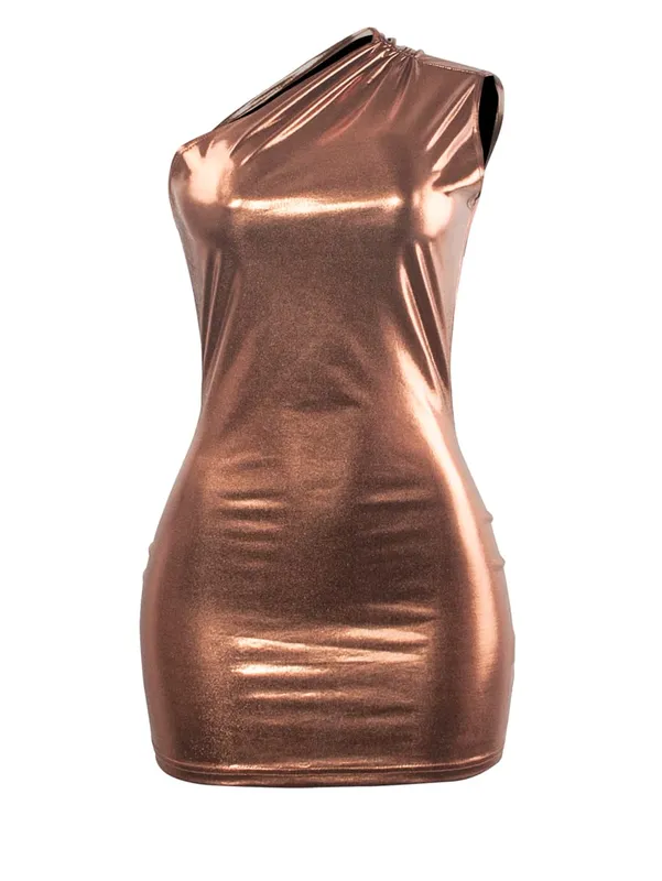 Seksowne sukienki bandażowe typu Bodycon na jedno ramię dla kobiet jednolita, nieregularna, obcisła Mini Y2K metaliczne złocenie krótka Mini sukienka — image 9