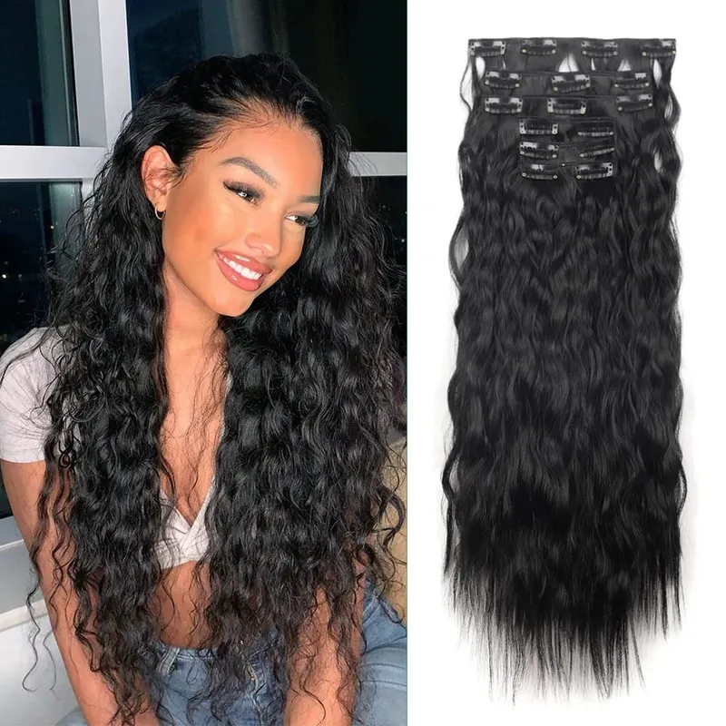 Clip In Hair Extensions 6PCS Set Curly 20inch Long Synthetic Clip On Hairpiece Corn Wavy Style For Women Girls Daily Party — image 9