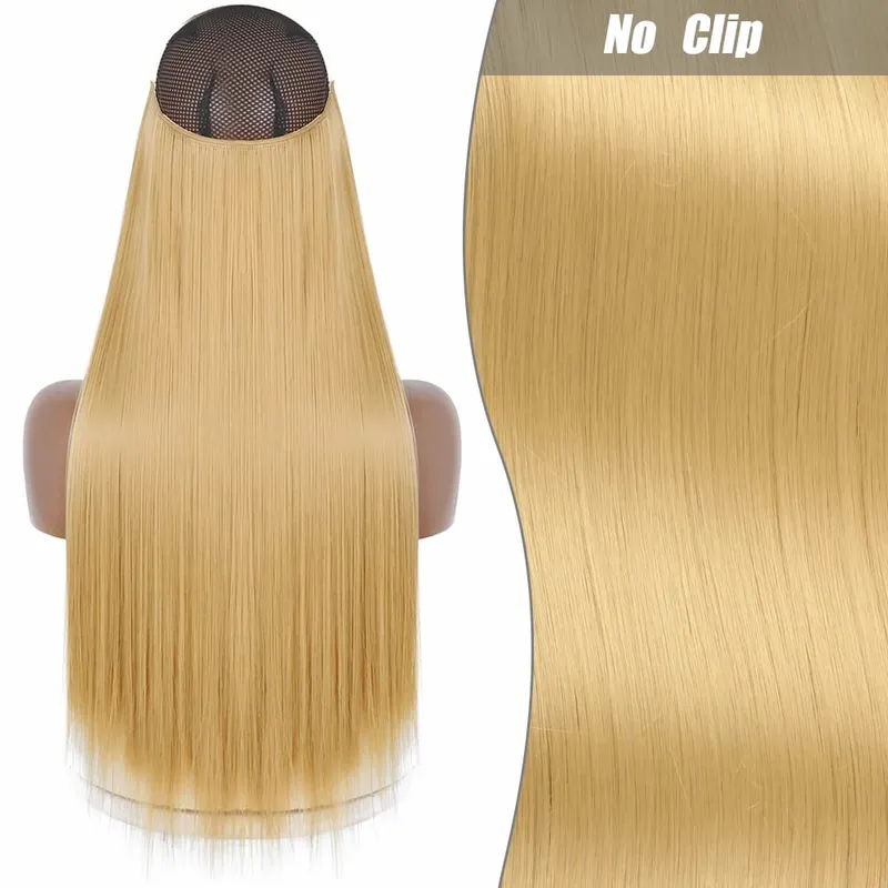Synthetic Long Wavy No Clips Invisible Wire Hair Extensions Black Brown Blonde Fish Line False Hairpiece Piece — image 18