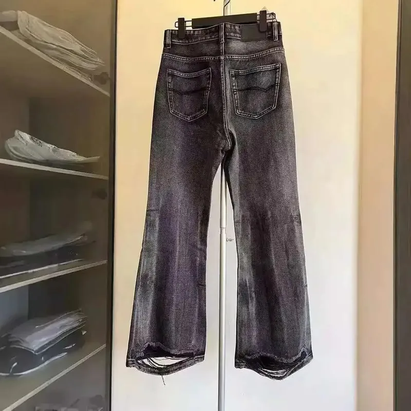 Distressed Niche Design Black Grey Micro Flared Jeans Men's Loose Trend Straight Hole Bottom Casual Denim Trousers 28W5868 — image 3