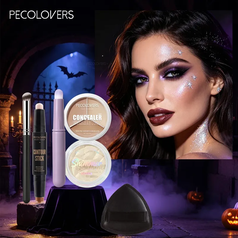 6PCS/SET Three-color Concealer Double-head Contour Stick Sparkle Highlight Palette Puff And Makeup Brush Set — image 7