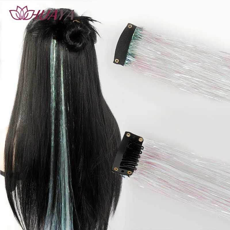 Synthetic Multicolor Colorful Sparkle Clip in Hair Tinsel Strands Long Straight Hair Extensions Blue Silver Highlight Hairpieces