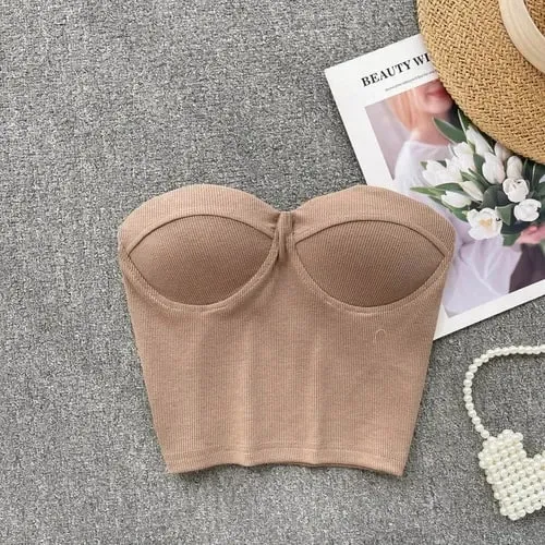 Strapless Western Style Skinny Tanks Camis for Women Summer Casual Solid Colours Female Corset Crop Tube Tops with Built In Bras