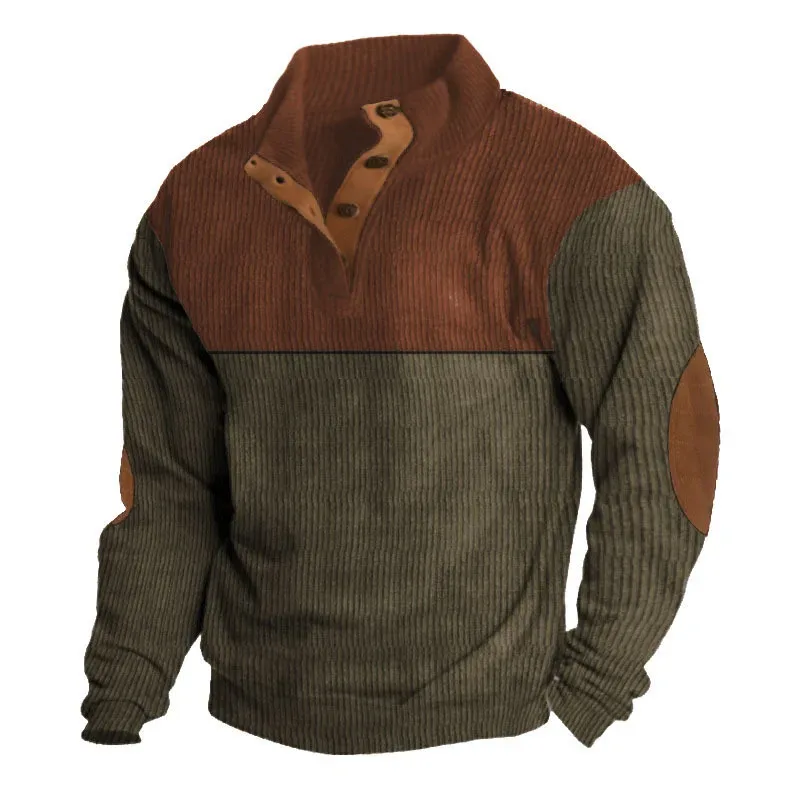 Men's Hoodies Spring And Autumn Corduroy Casual Patchwork Stand Collar Button Sports Hoodie Man Clothing — image 16