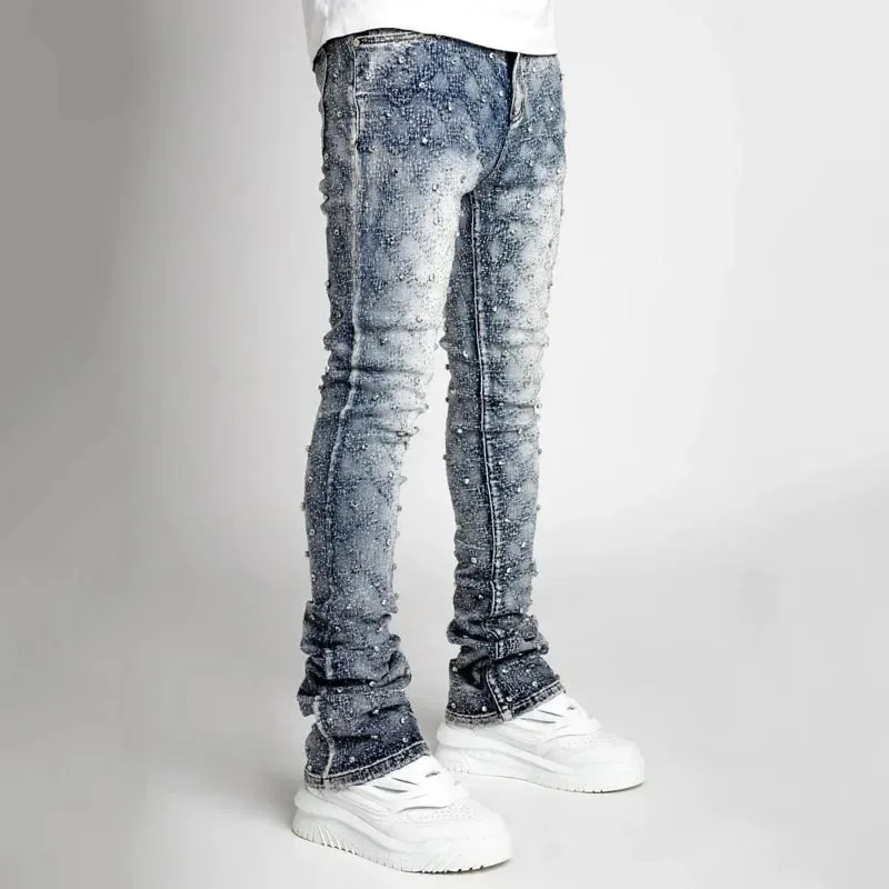 Personality Stacked Jeans for Men Slim Fit Stretchy Pearls Denim Laminated Pants for Men Fashion Straight Man's New Jeans — image 9