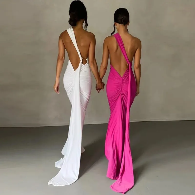 Kvinnor ärmlös maxiklänning med en axel, justerbar halsduk Loop Ruched Backless Bodycon Festival Festoutfit Elegant långklänning — image 5