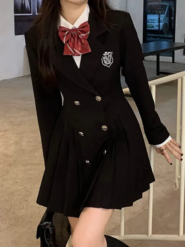 Sweet Style Suit Dress Korean Drama Main Character Waist Cinched Beautiful Skirt College Style High Waist Double Breaste... — image 2