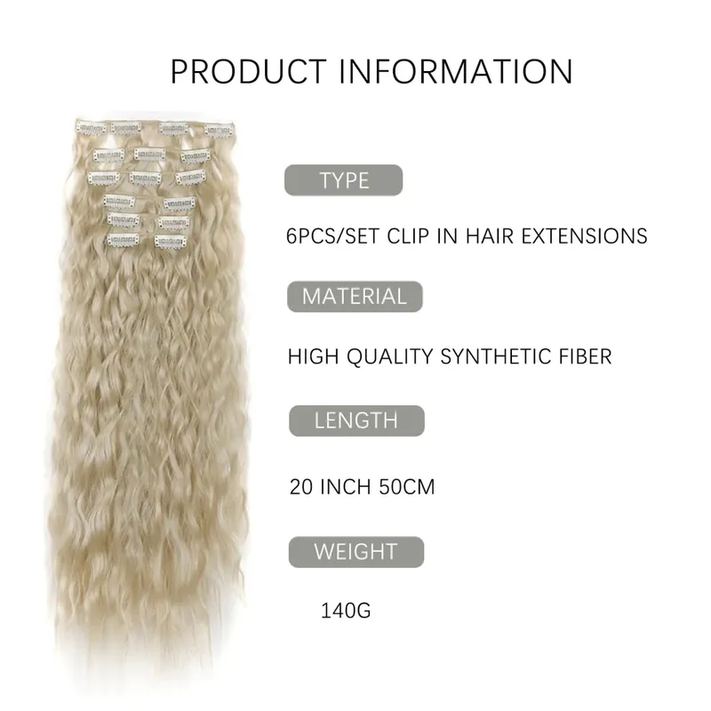 6PCS Clip In Hair Extensions Water Wave 20inch Long Synthetic Clip On Hairpiece Corn Wavy Style For Women Girls Daily Party