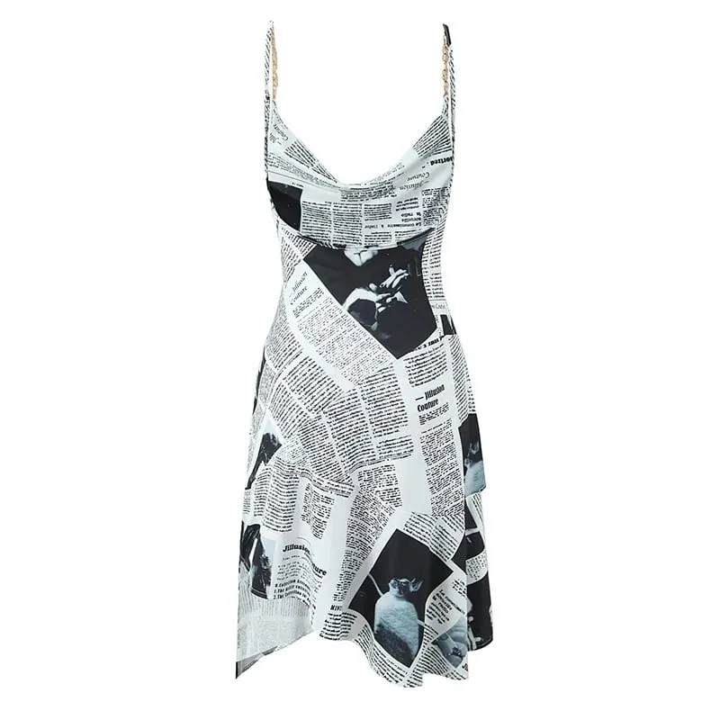 New Women Newspaper Letter Print Irregular Hem Sling Dresses Fashion Backless Thin Straps With Chain Summer Sexy Dress — image 3