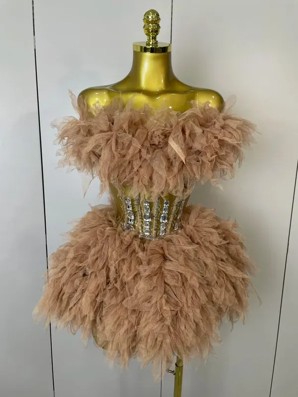 2025Women Sexy Backless Strap Mesh Fluffy Skirt 2 Pieces Diamond Sequins Stage Performance Costume Birthday Party Shooting Dress — image 3