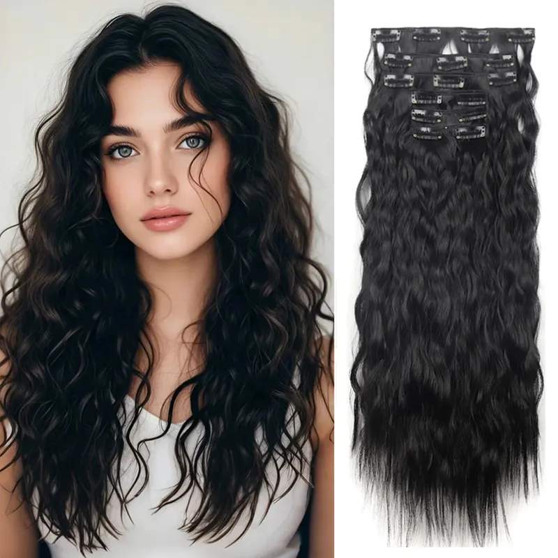 6PCS Clip In Hair Extensions Water Wave 20inch Long Synthetic Clip On Hairpiece Corn Wavy Style For Women Girls Daily Party