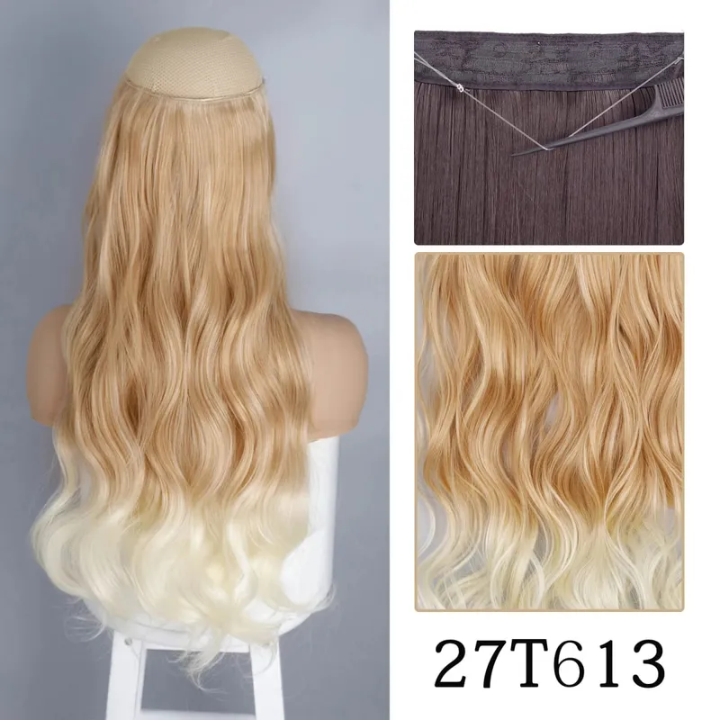Synthetic No Clip Adjustable Fish Line Hair Extensions Natural Blonde Brown Long Wavy Heat Resiatant Hairpiece For Women