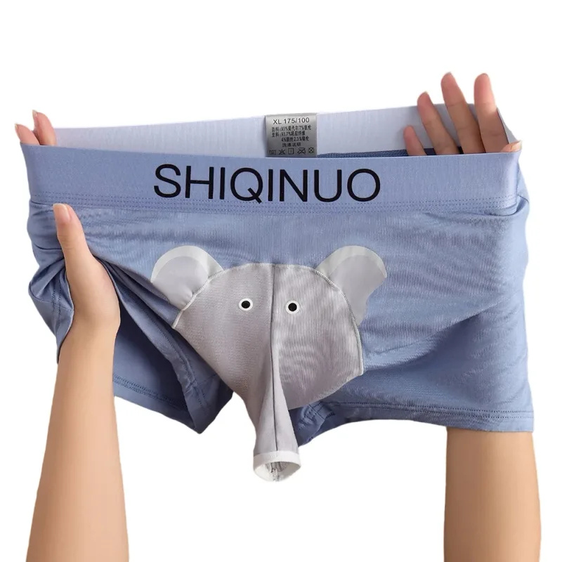 ผู้ชายน่ารักช้างพิมพ์กางเกงบ็อกเซอร์ยืดหยุ่นจดหมายเอว 3D กระเป๋านุ่ม Breathable Daily Sleep Home Casual Comfy ชุดชั้นในสวมใส่ — image 1
