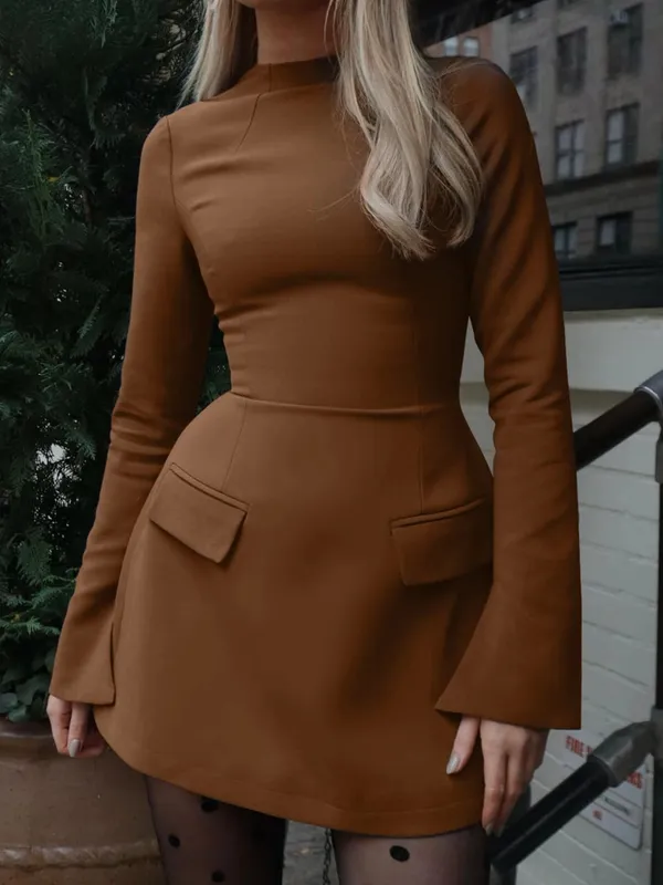 Dulzura Long Sleeves Zipper Bodycon Mini Dress With Pocket Solid Elegant Outfit Office Streetwear Women’S Autumn Winter Clothes