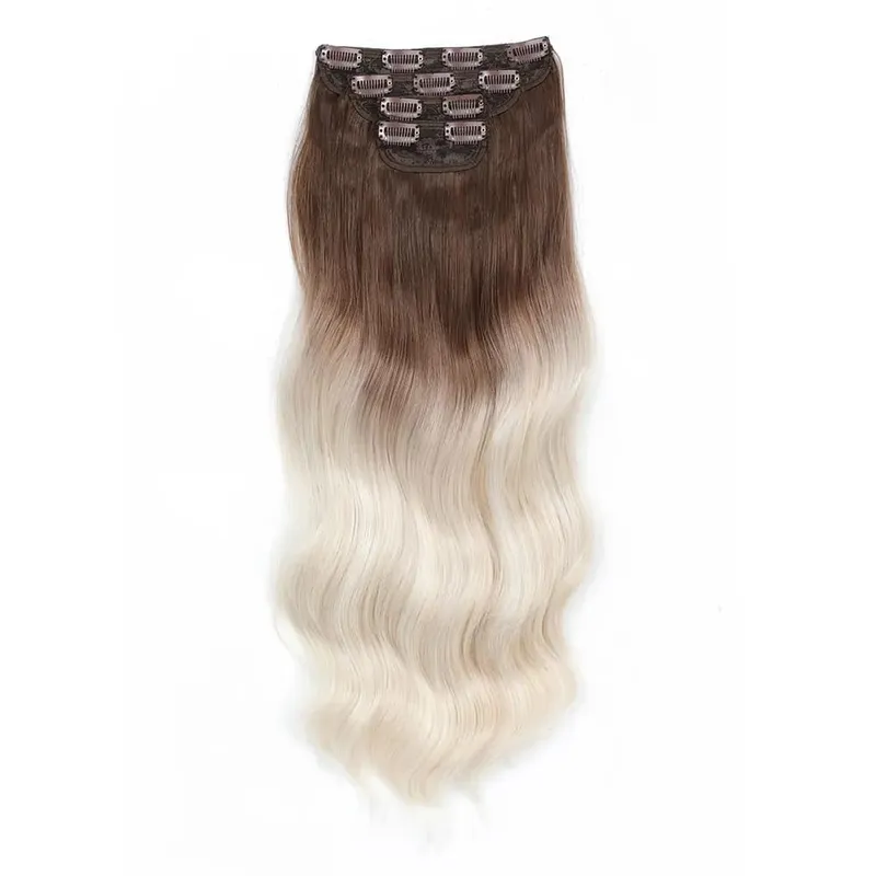 4 pçs/set 11 clipes 22 polegadas 220g ondas de praia clipe em extensões de cabelo loira arenosa champanhe resistente ao calor sintético peruca