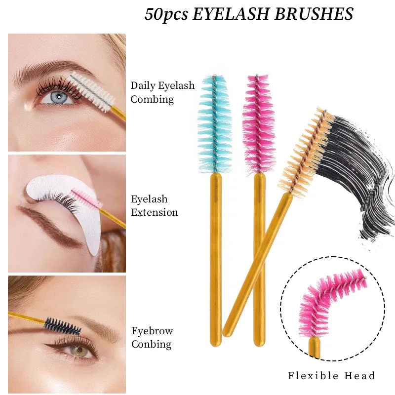 50pcs Disposable Golden Rod Eyebrow Eyelash Brushes Mini Mascara Wands Comb Eyelash Extension Applicator Beauty Makeup Tools — image 5