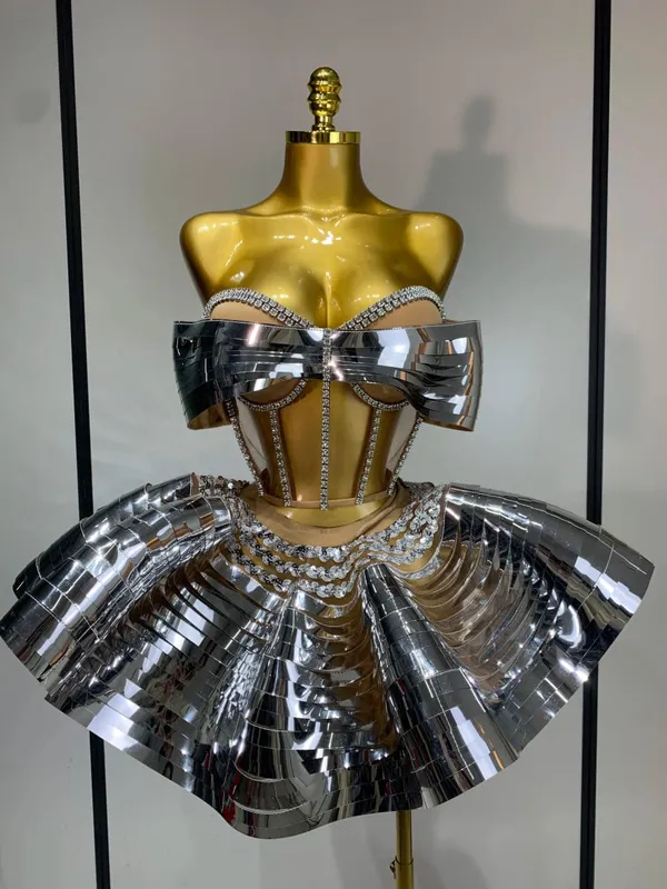 Women Stage Performance Costume Two Piece Set Silver Sequins Rhinestone Fancy Outfit Sexy Backless Shiny Birthday Party Dresses