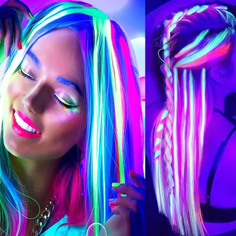 20 Inch Glow in the Dark Hair Extensions Clip Luminous Colored Hairpieces Party Rainbow Hair Clips Synthetic Straight Wig — image 2