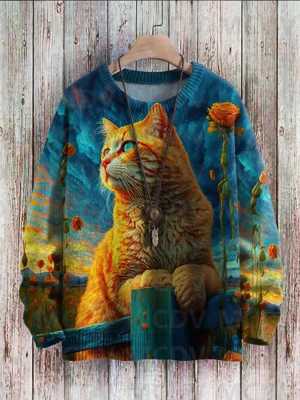 Cute Black Cat Flower Birds Art Pattern Print Casual Knit Pullover Sweater Classic Sweater Men's For Women's Pullover — image 3