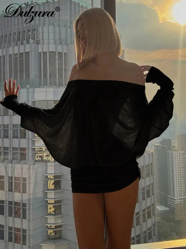 Dulzura Off Shoulder Long Sleeves Ruched Patchwork Mini Dress Women’S Sexy Elegant Casual Outfit Party Clubwear Spring Summer — image 4