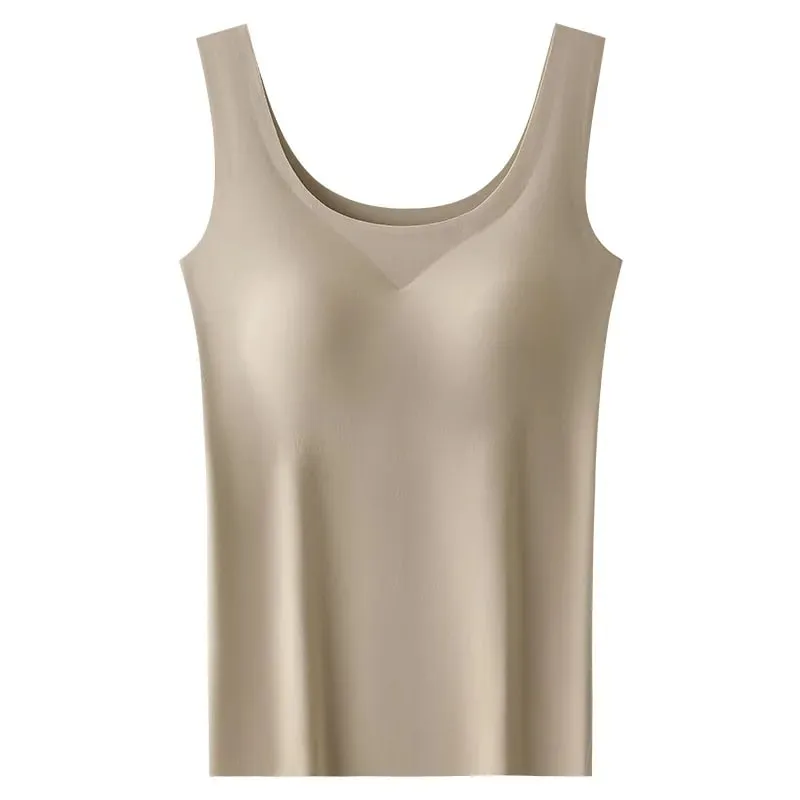 M-2XL Ice Silk Seamless One-piece Bottoming Tank Tops with Chest Pads Women Inner Outerwear Wide Shoulder Sleeveless Tops — image 10