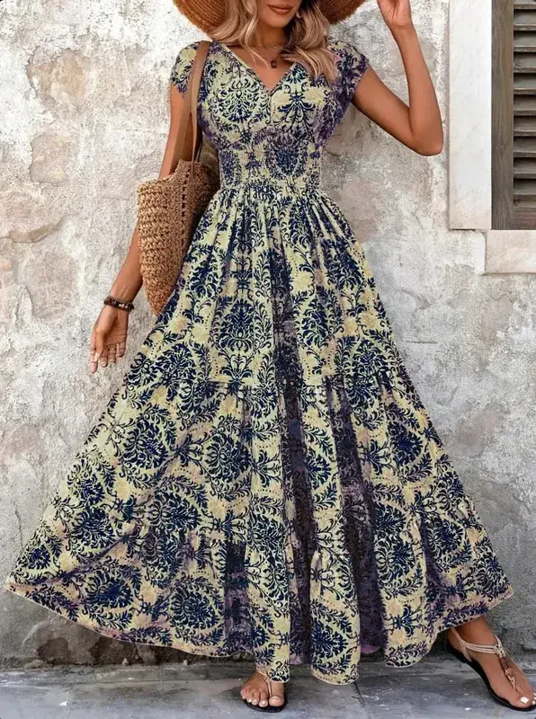 2026 Vintage trykt kjole Moderigtigt og elegant V-hals Kortærmet Jumpsuit Lang nederdel Dametøj — image 3