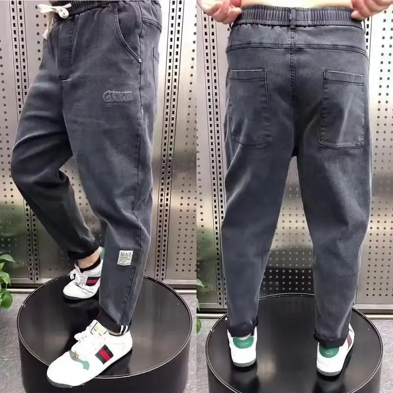 Harajuku Stretch Korea Streetwear Loose Solid Denim Jeans Elastic Waist for Men Spring Summer New plus size 7XL 8XL Casual Pants — image 4