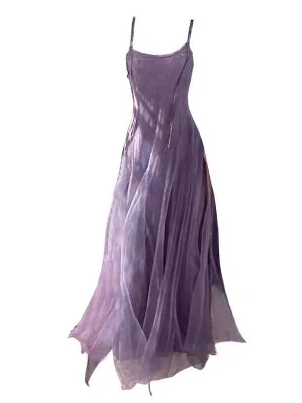 Slimming Effect Purple Mesh Ankle-Length Dress with Strap for plus Size Women Conceals Belly A-Line Gown Korean Style Commute... — image 5