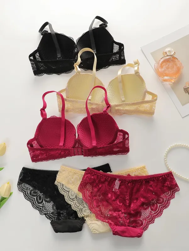 Women's Sexy Underwear Embroidered Flowers with Steel Hoops Gather Push Up 2-piece Comfortable Underwear Set A2123