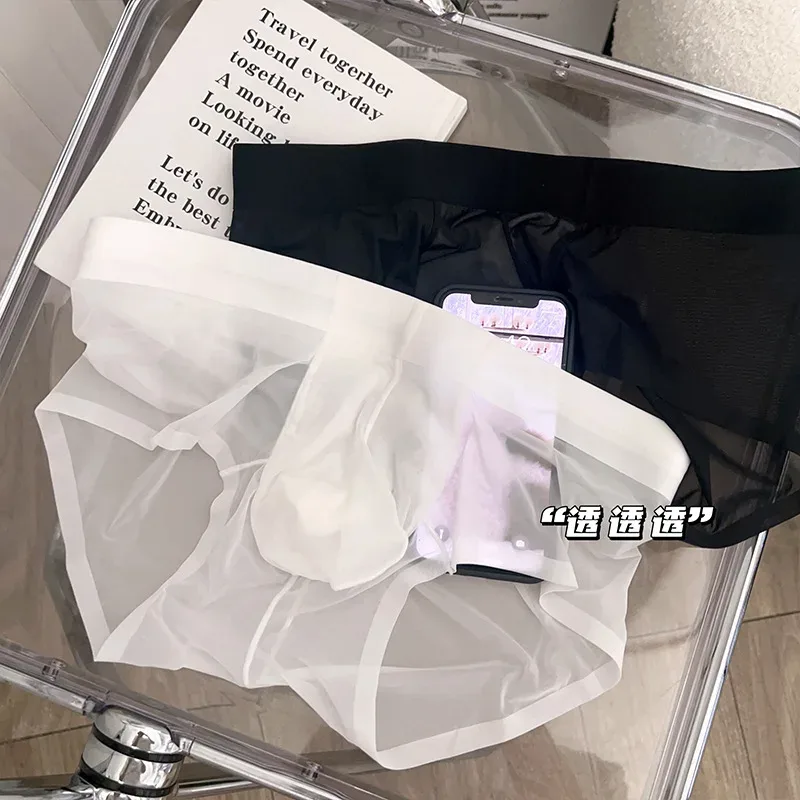 Transparente herren Slips Ultra-dünne Eis Seide Schnell Trocken Höschen Sexy U Ausbuchtung Beutel Mann Unterwäsche Atmungsaktive Unterhose cuecas