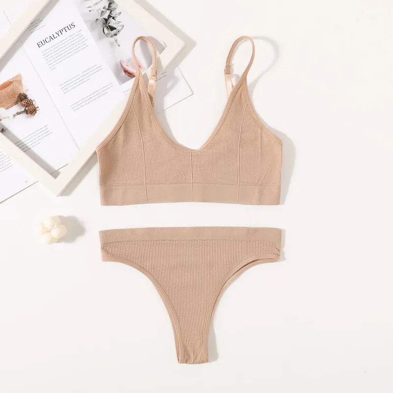 Women Seamless Bra Set Push Up Bras V-neck Tops High Rise Briefs Seamless Underwear Wire Free Brassiere Sexy Lingerie Set