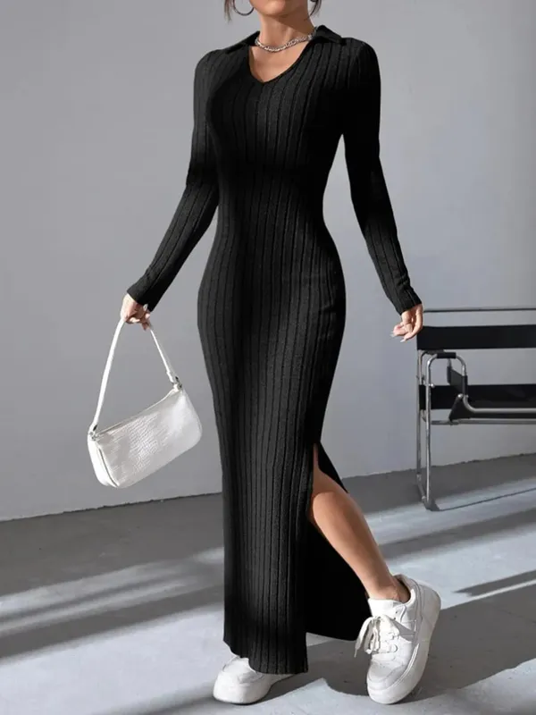 Spring and summer 2024 new style knitted slim lapel long sleeve dress pit strip solid color tight skirt — image 3