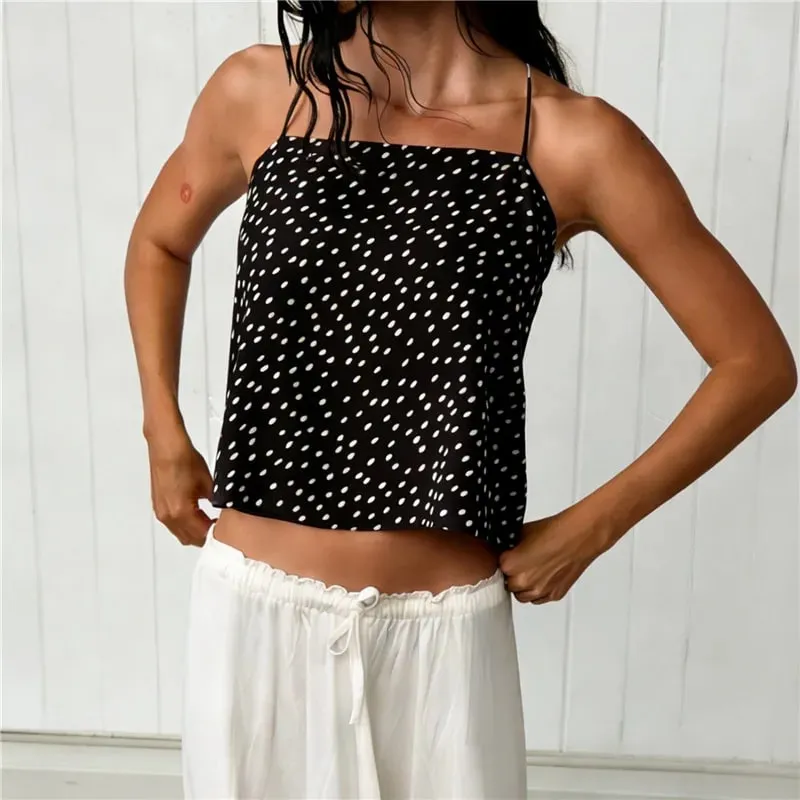 Women Polka Dot Chiffon Cami Top Spaghetti Strap Crisscross Tie Backless Asymmetric Hanky Hem Cropped Camisole Summer Tank Top — image 6
