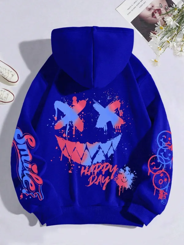New Autumn Men's Personalized Smiling Face Print Comfortable Breathable Hooded Sweatshirt Outdoor Street Fashion Hooded Sweatshi — image 4