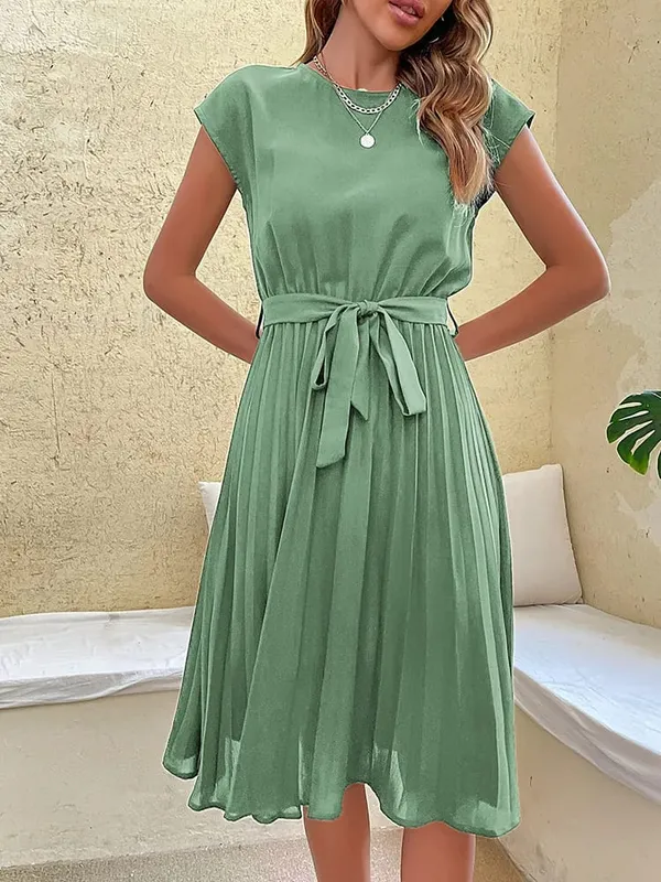 Elegant Women Summer Casual Beach Sundress Short Sleeve Pleated Midi Dress Soild Colour O Neck Tunic Dresses Fashion — image 11