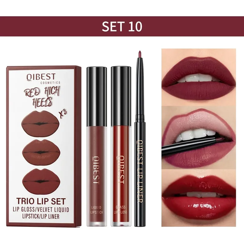 Matte Liquid Lipstick&Lip Liner&Lip Gloss 3Pcs Sets Long Lasting Non-stick Cup Red Black Purple Lip Tint Cosmetics Kits