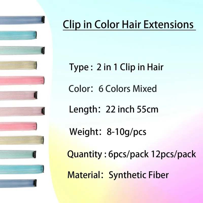 Multicolor Clip in Hair Extensions Mix tinsels Colored Hair Extensions 2 in 1 Rainbow Hair with Silver Tinsels for Kids Girls — image 3