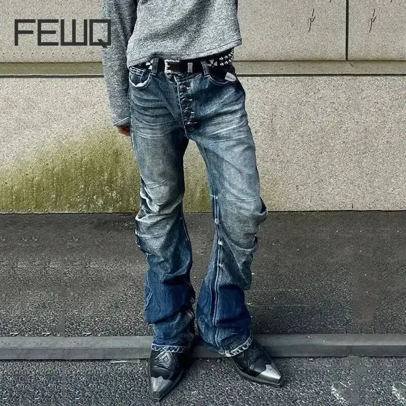American Style Men's Denim Pants Washing Button Design Pleated Loose Jeans Contrast Color Casual Male Bottom Vintage 4K5156