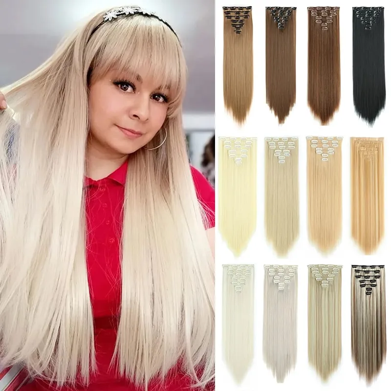 Long Straight 16 Clip In Synthetic Hair Extensions 7Pcs/Set Natural Blonde Heat Resistant Hairpieces For Women — image 1