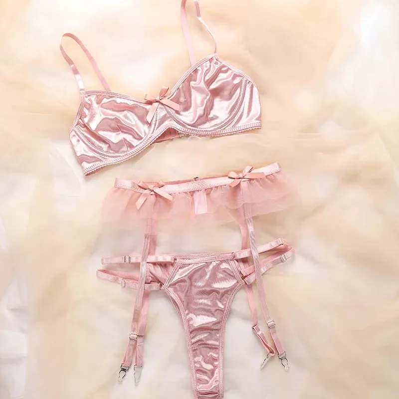French sexy three piece lingerie set for girls exquisite bow breathable oversized comfortable pants and bra for women — image 3
