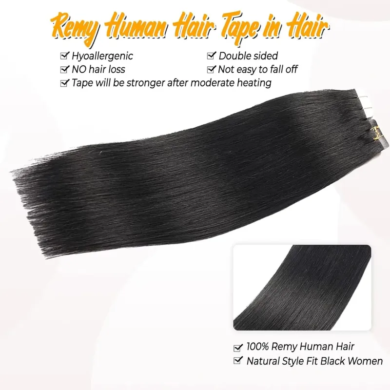 Straight Tape in Hair Extensions Brazilian 100% Real Human Hair Adhesive Invisible Glue Natural Black Tape ins Hair For Women 20Pcs/50g — image 3