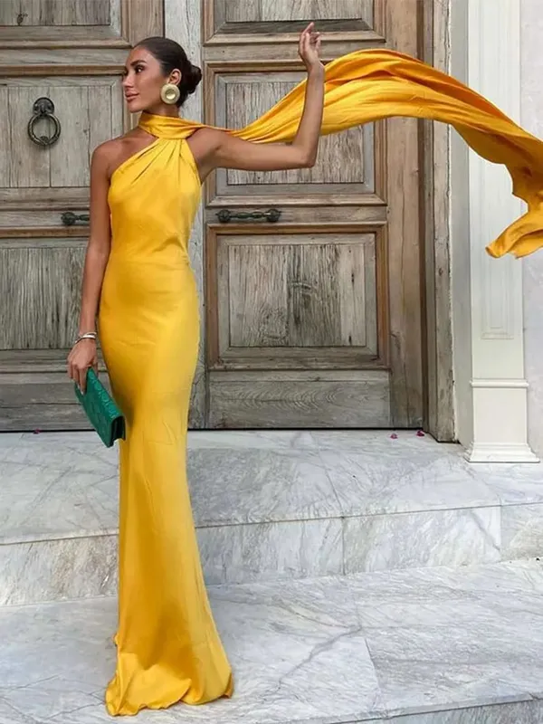 Elegant Ribbon Halter Dress Women Solid Off Shoulder Sleeveless Backless Slim Maxi Dresses 2025 Summer Autumn Party Robes Lady — image 1