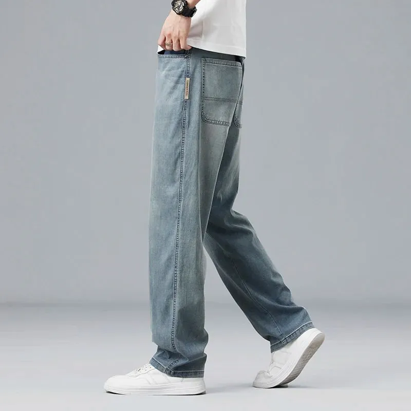 Summer Ultra-thin Lyocell Men's Jeans Drape Soft Fabric Loose Straight Casual Denim Pants Elastic Ice Silk Male Trousers — image 6