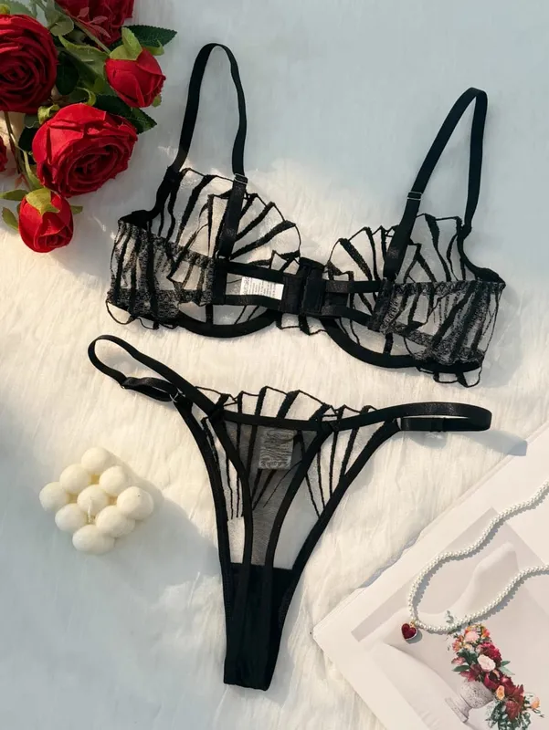2pcs Women's Bra Set Sexy Lace Mesh Lingerie Set Ultra Thin Breathable Comfortable Lightweight Scallop Transparent Lingerie Set — image 3