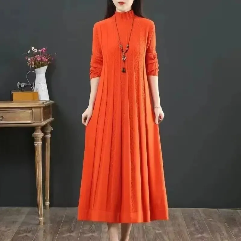 Autumn/Winter Women Knitted Dress 2025 New Solid Loose Pullover Half High Collar Long Knitted Sweater Dress Female High-Quality — image 4