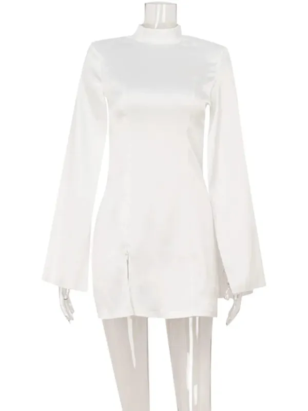 Ahagaga Eelgant Mini Dresses For Women Solid Long Flare Sleeves Turtleneck Sheath Satin Fashion Split Party Slim Fit Female Robe — image 6