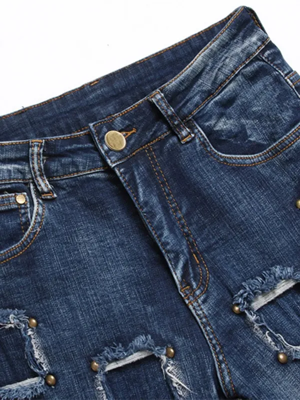 New punk men's jeans with nail beads multiple holes patchwork beggar style men's fashion street personality small straight — image 5