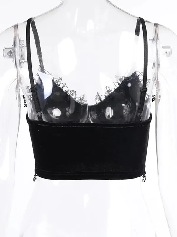 Velvet Y2K Mall Goth Crop Tops Black Lace Trim Emo Alternative Aesthetic Crop Tops Women Backless Sexy Strap Tanks — image 7